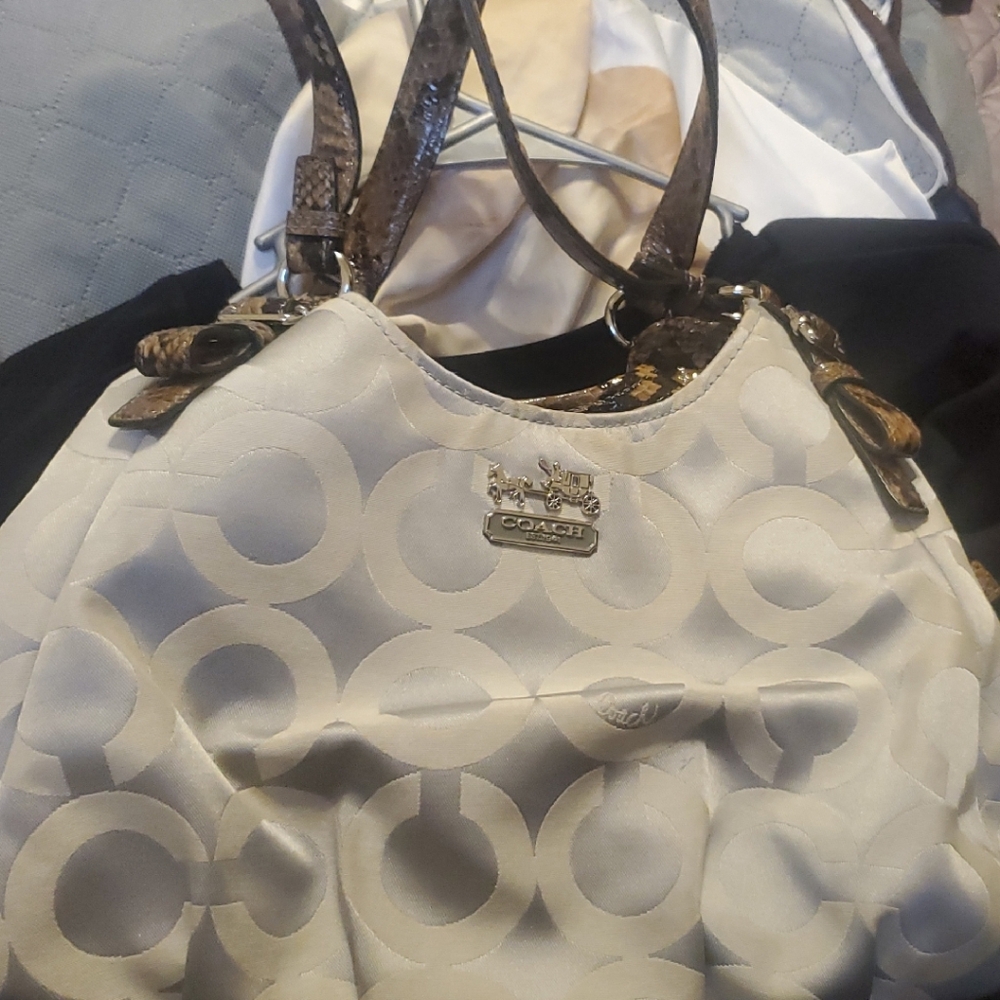 Coach White and Brown Shoulder Bag with Signature Monogram